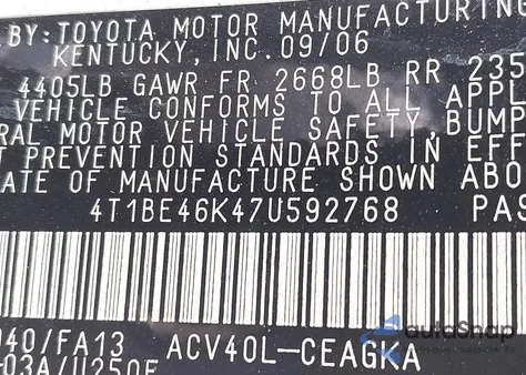 2007 Toyota Camry Xle z USA, uszkodzony, nr VIN 4T1BE46K47U592768